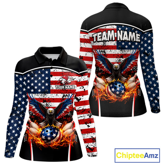 American Flag Eagle Flame Bowling Shirts For Women Custom patriotic Bowling Team Jerseys NQS11735