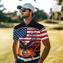 Load image into Gallery viewer, Red, White and Blue American Flag Eagle Flame Golf polo shirt for men custom patriotic golf attire NQS11736