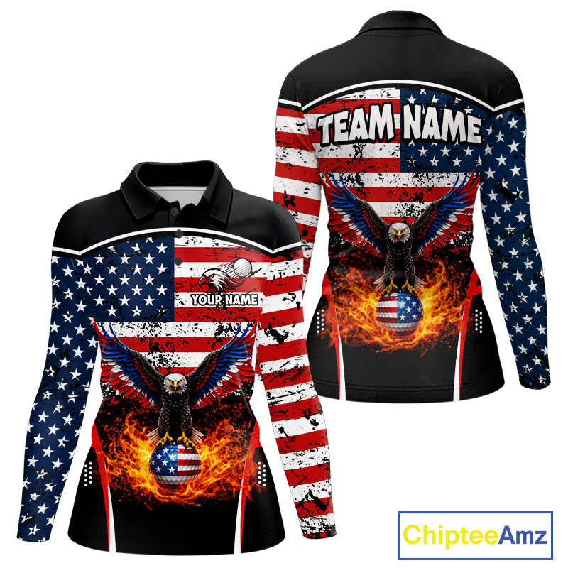 Red, White and Blue American Flag Eagle Flame Golf polo shirt for Women custom patriotic golf attire NQS11736