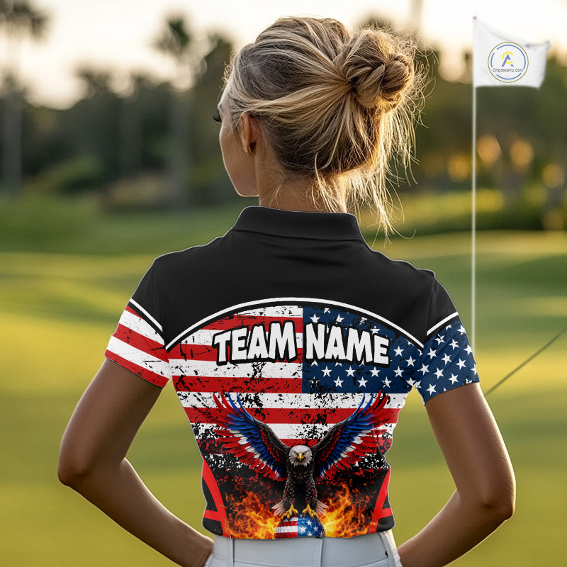 Red, White and Blue American Flag Eagle Flame Golf polo shirt for Women custom patriotic golf attire NQS11736