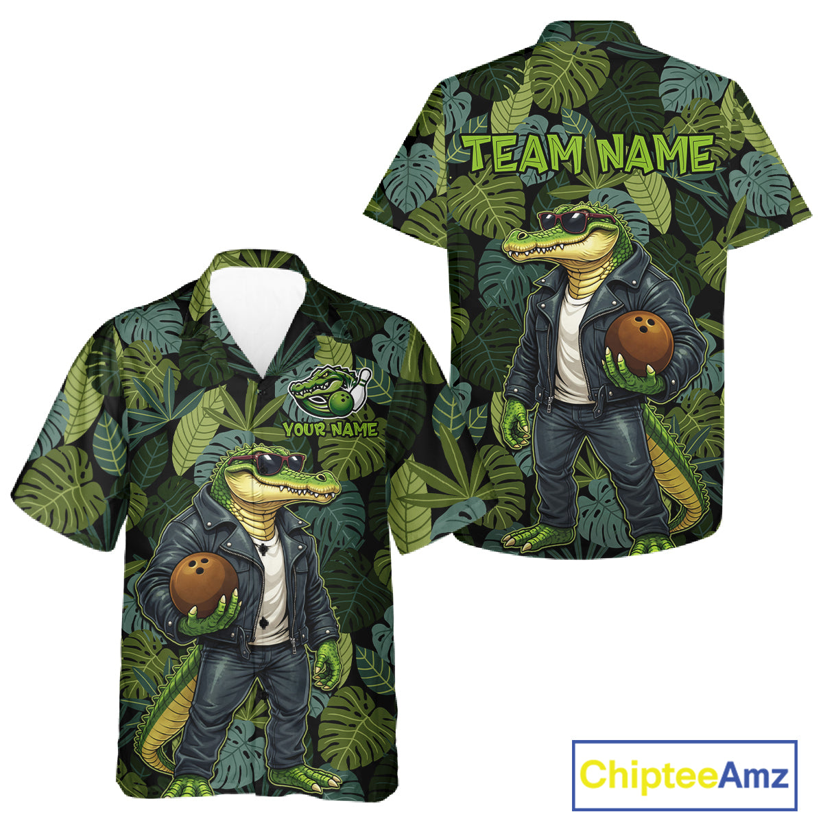 Green tropical leaf pattern Funny Alligator Bowling Hawaiian Shirt Custom Bowling Team Jerseys NQS11744