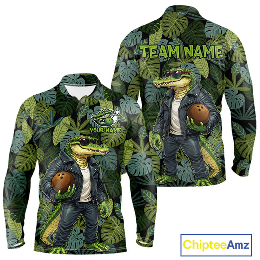 Green tropical leaf pattern Funny Alligator Bowling Shirts For Men Custom Bowling Team Jerseys NQS11744