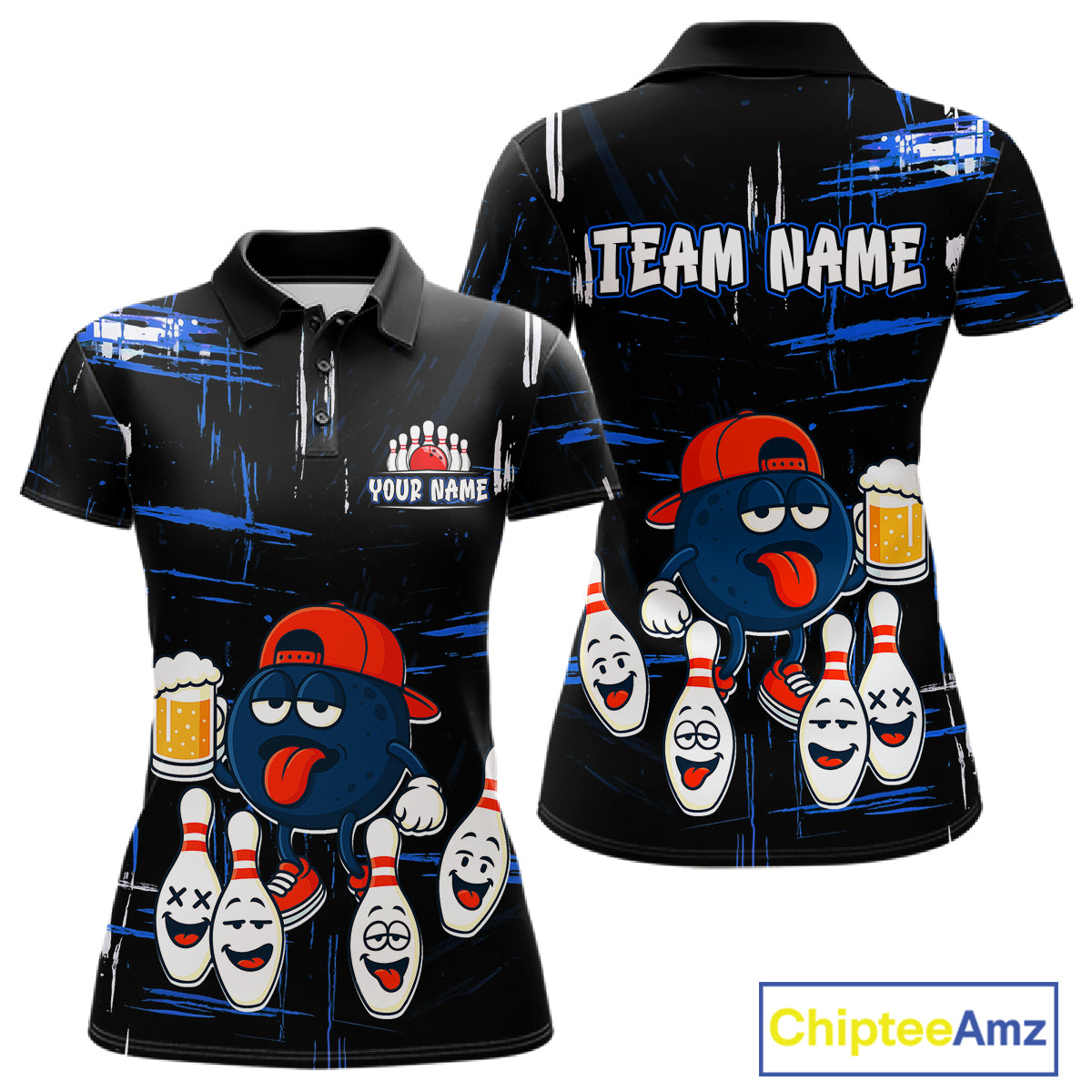 Custom Black And Blue Funny Beer Bowling Women Polo, Quarter Zip Shirts, funny bowling shirts NQS11488