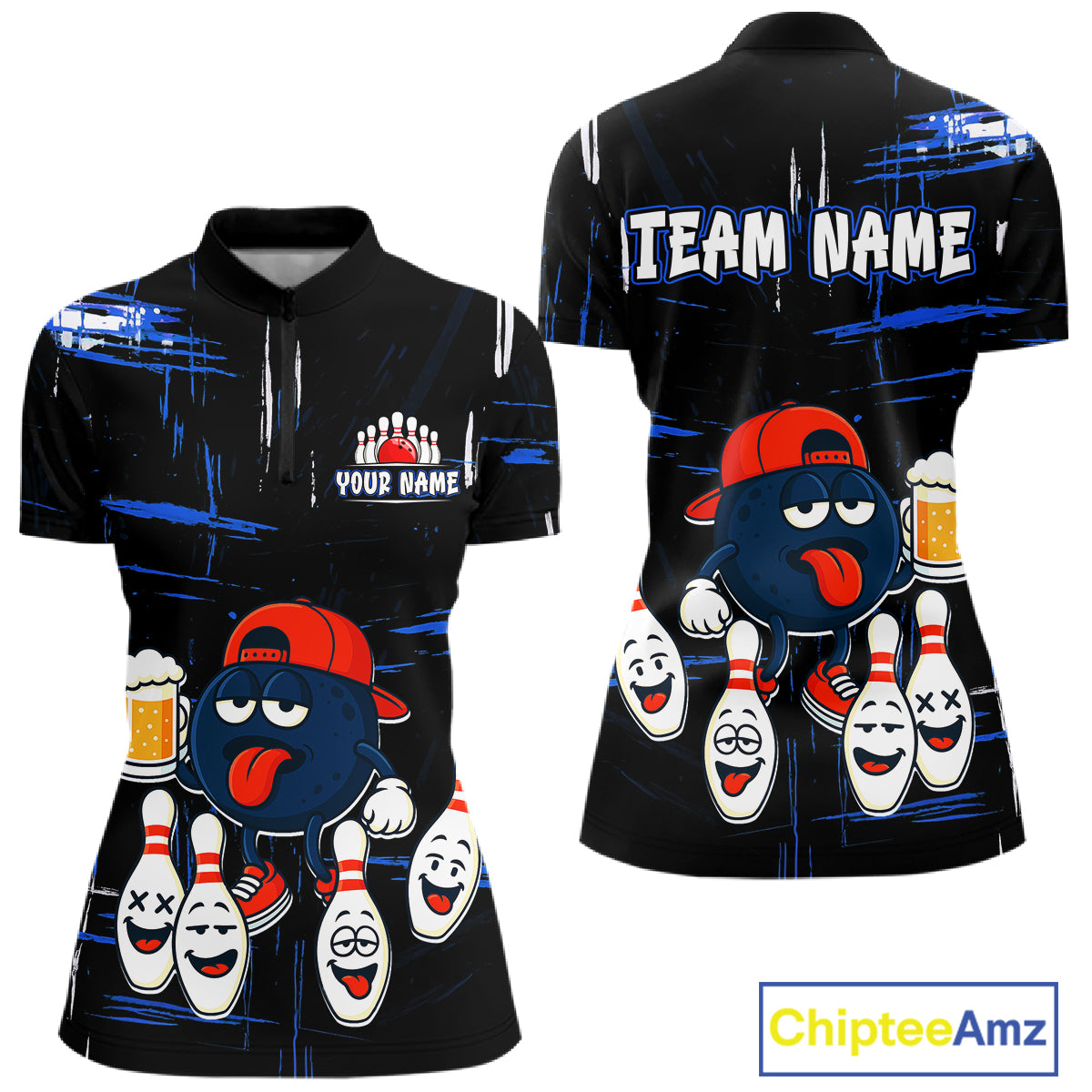 Custom Black And Blue Funny Beer Bowling Women Polo, Quarter Zip Shirts, funny bowling shirts NQS11488
