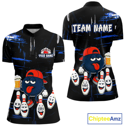 Custom Black And Blue Funny Beer Bowling Women Polo, Quarter Zip Shirts, funny bowling shirts NQS11488
