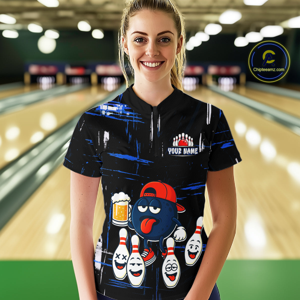 Custom Black And Blue Funny Beer Bowling Women Polo, Quarter Zip Shirts, funny bowling shirts NQS11488