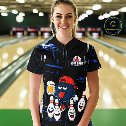 Custom Black And Blue Funny Beer Bowling Women Polo, Quarter Zip Shirts, funny bowling shirts NQS11488