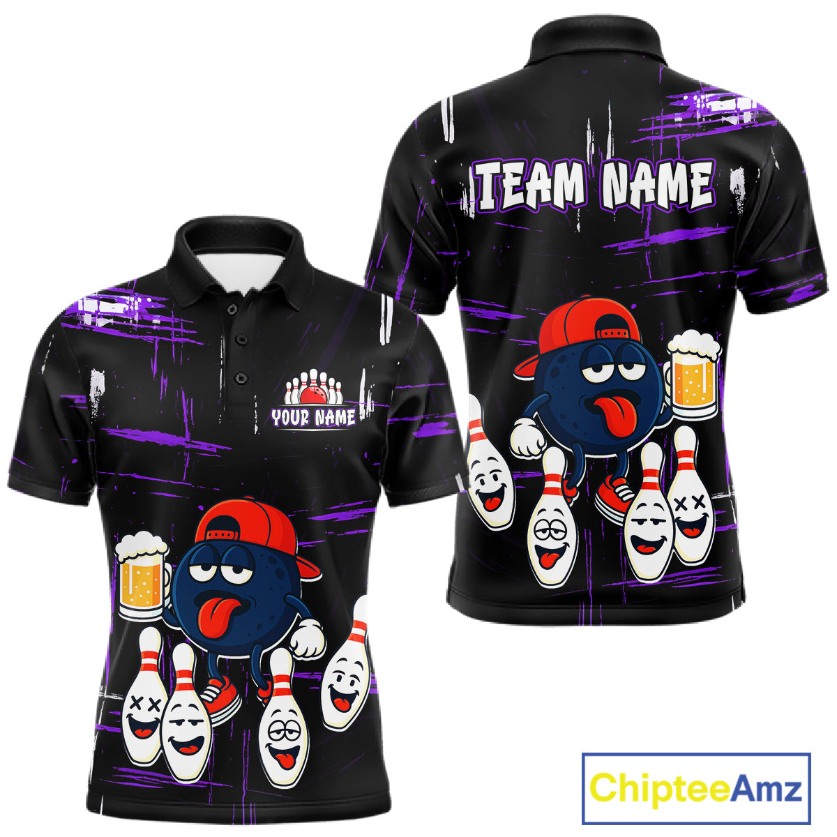 Custom Black And Purple Funny Beer Bowling Men Polo, Quarter Zip Shirts, funny bowling shirts NQS11489