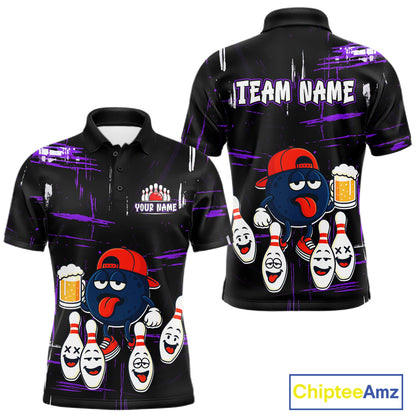 Custom Black And Purple Funny Beer Bowling Men Polo, Quarter Zip Shirts, funny bowling shirts NQS11489