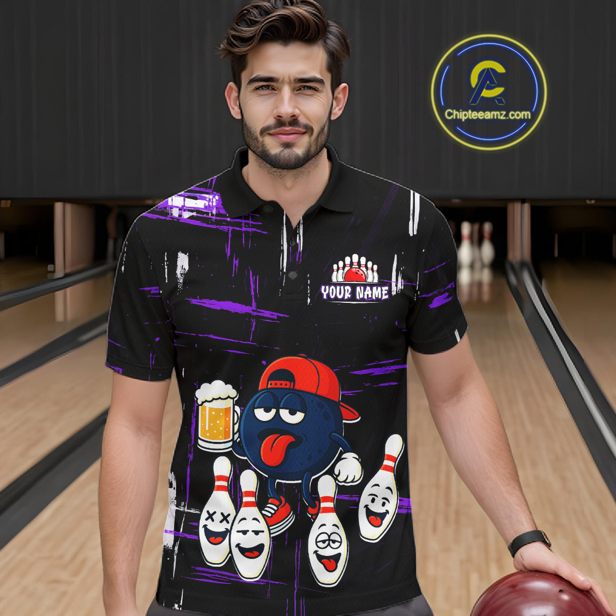 Custom Black And Purple Funny Beer Bowling Men Polo, Quarter Zip Shirts, funny bowling shirts NQS11489