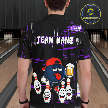 Custom Black And Purple Funny Beer Bowling Men Polo, Quarter Zip Shirts, funny bowling shirts NQS11489