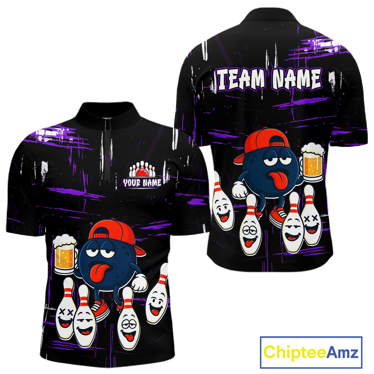Custom Black And Purple Funny Beer Bowling Men Polo, Quarter Zip Shirts, funny bowling shirts NQS11489