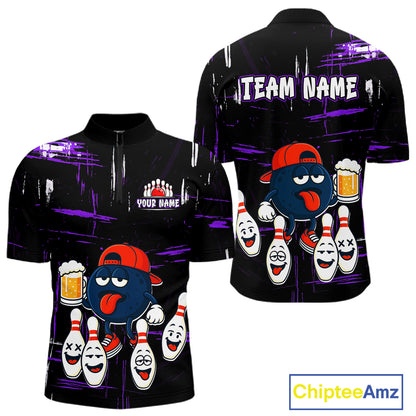 Custom Black And Purple Funny Beer Bowling Men Polo, Quarter Zip Shirts, funny bowling shirts NQS11489