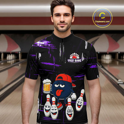 Custom Black And Purple Funny Beer Bowling Men Polo, Quarter Zip Shirts, funny bowling shirts NQS11489
