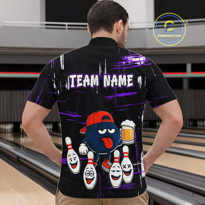 Custom Black And Purple Funny Beer Bowling Men Polo, Quarter Zip Shirts, funny bowling shirts NQS11489