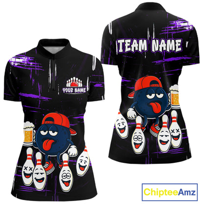 Custom Black And Purple Funny Beer Bowling Women Polo, Quarter Zip Shirts, funny bowling shirts NQS11489