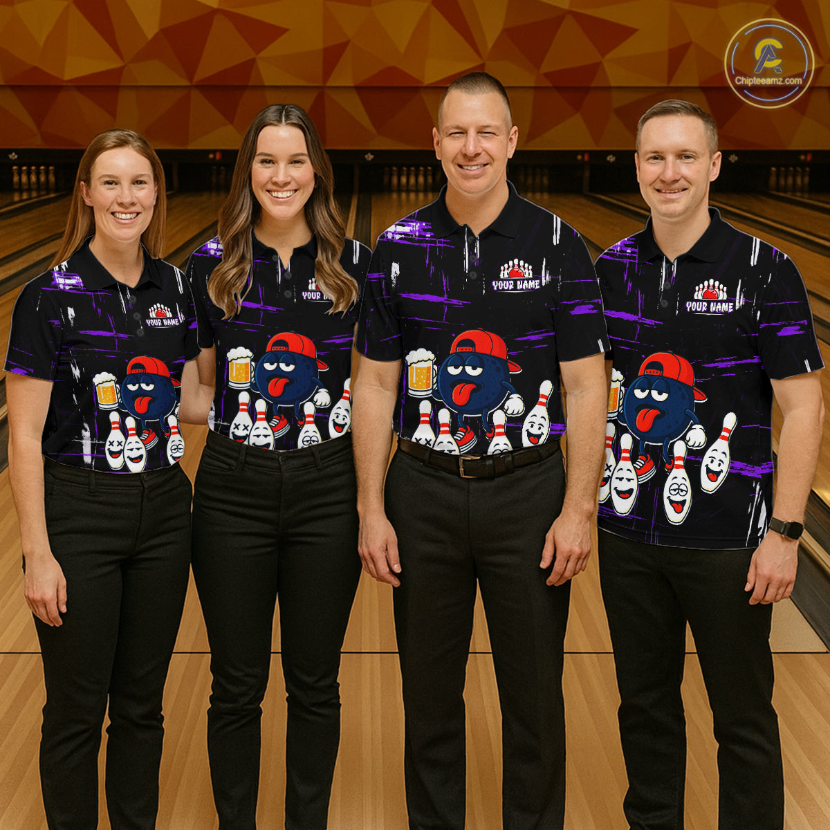 Custom Black And Purple Funny Beer Bowling Women Polo, Quarter Zip Shirts, funny bowling shirts NQS11489
