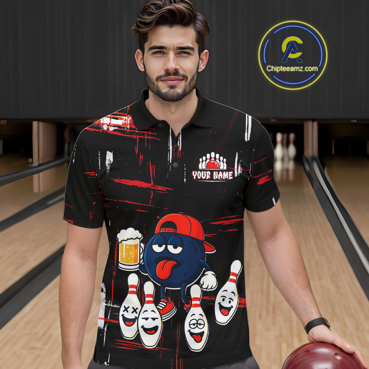 Custom Black And Red Funny Beer Bowling Men Polo, Quarter Zip Shirts, funny bowling shirts NQS11490