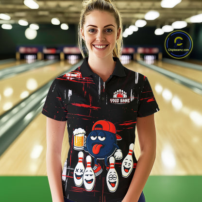 Custom Black And Red Funny Beer Bowling Women Polo, Quarter Zip Shirts, funny bowling shirts NQS11490