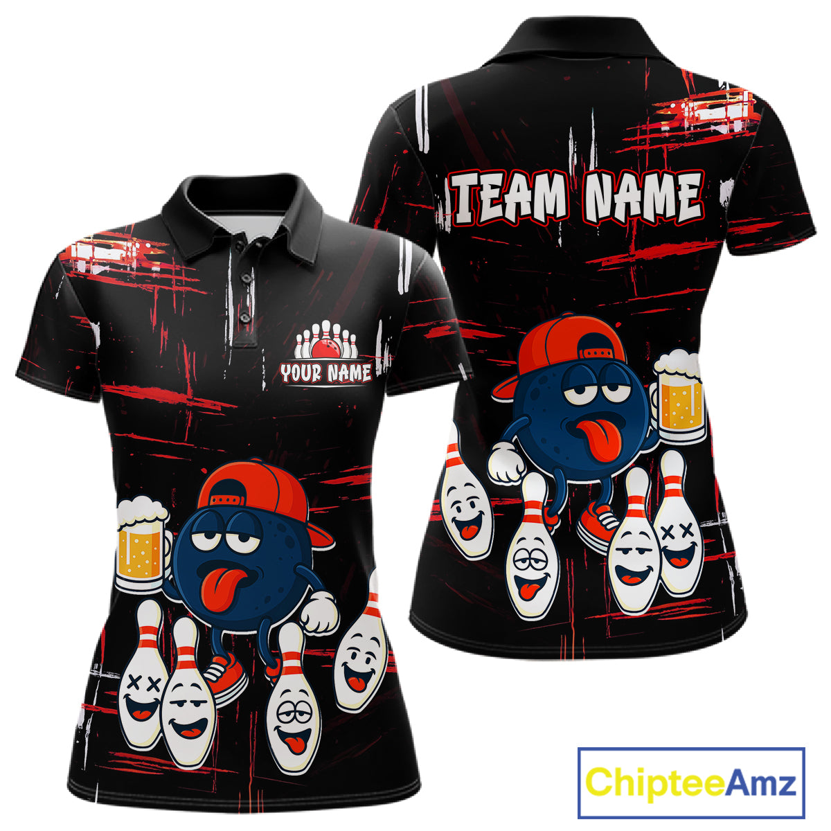 Custom Black And Red Funny Beer Bowling Women Polo, Quarter Zip Shirts, funny bowling shirts NQS11490