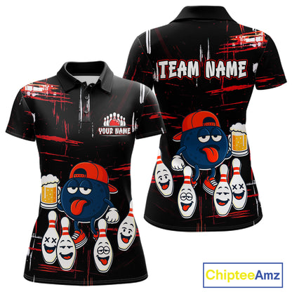 Custom Black And Red Funny Beer Bowling Women Polo, Quarter Zip Shirts, funny bowling shirts NQS11490