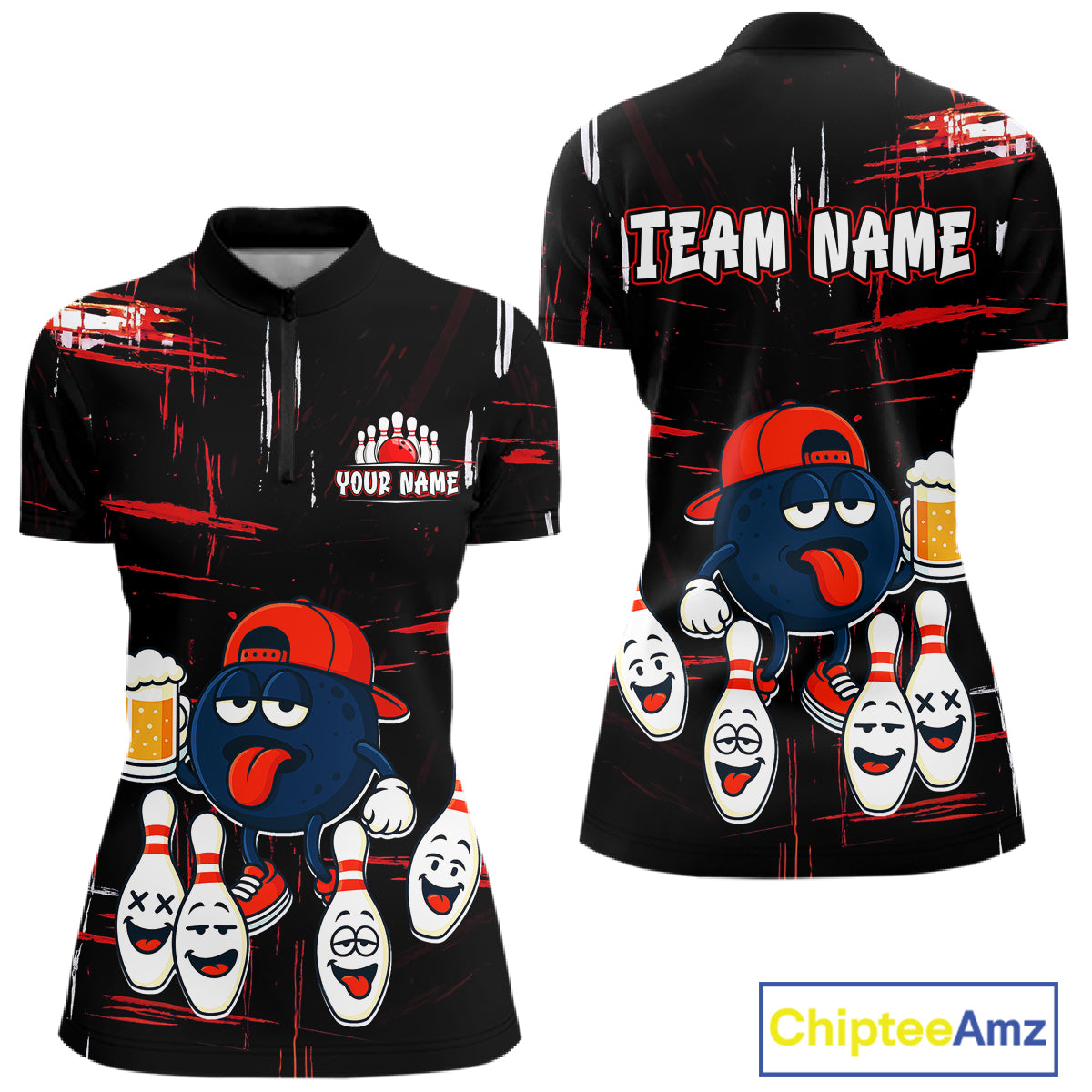 Custom Black And Red Funny Beer Bowling Women Polo, Quarter Zip Shirts, funny bowling shirts NQS11490