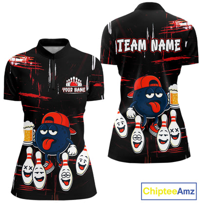 Custom Black And Red Funny Beer Bowling Women Polo, Quarter Zip Shirts, funny bowling shirts NQS11490
