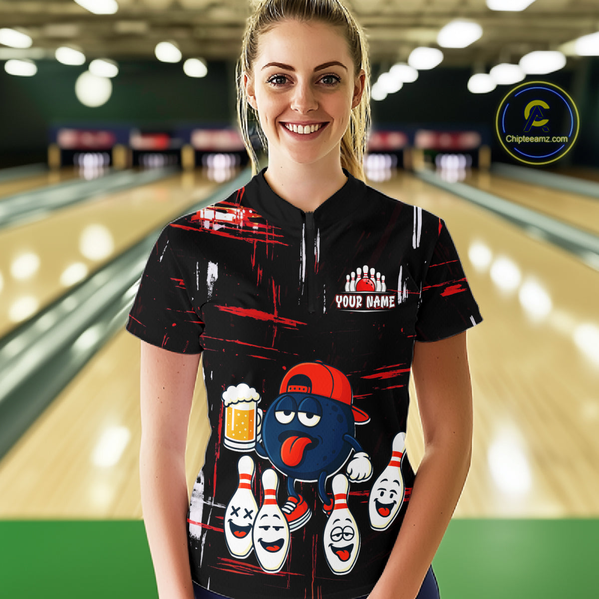 Custom Black And Red Funny Beer Bowling Women Polo, Quarter Zip Shirts, funny bowling shirts NQS11490