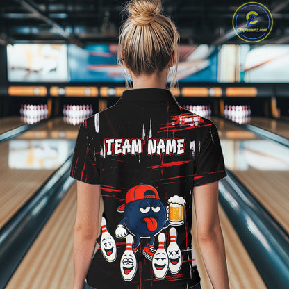 Custom Black And Red Funny Beer Bowling Women Polo, Quarter Zip Shirts, funny bowling shirts NQS11490