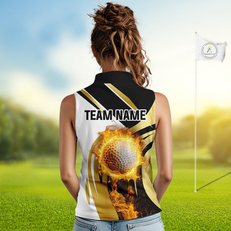 Black & White Gold Flame Women Sleeveless Polo Shirt custom team ladies golf attire, golf gifts NQS10905