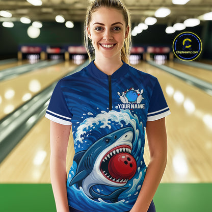 Custom Blue Shark Bowling Polo, Quarter Zip Shirts For Women, Shark Bowling Team League Shirt NQS10697