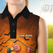 Load image into Gallery viewer, Black and Orange Funny Flamingo Women Sleeveless Polo Shirt Custom Halloween Golf Attire Golfing Gift NQS10701