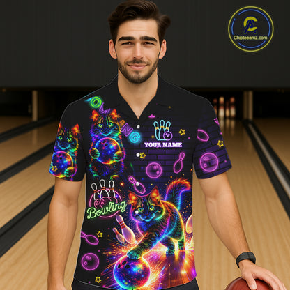 Custom Funny Cat Neon Hawaiian Bowling Jerseys Bowling Outfit, Bowling Team button up Shirts NQS11515