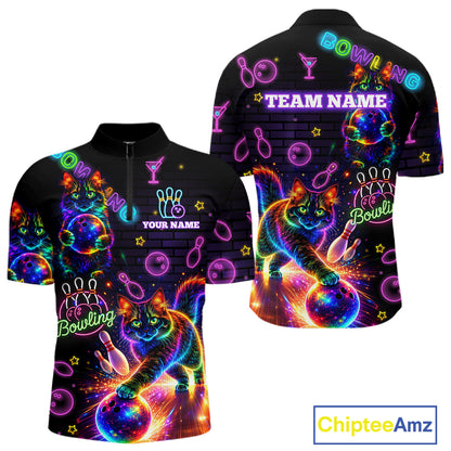 Custom Funny Cat Neon Bowling Jerseys for Men Bowling Outfit Polo & 1/4 Zip Bowling Team Shirts NQS11515