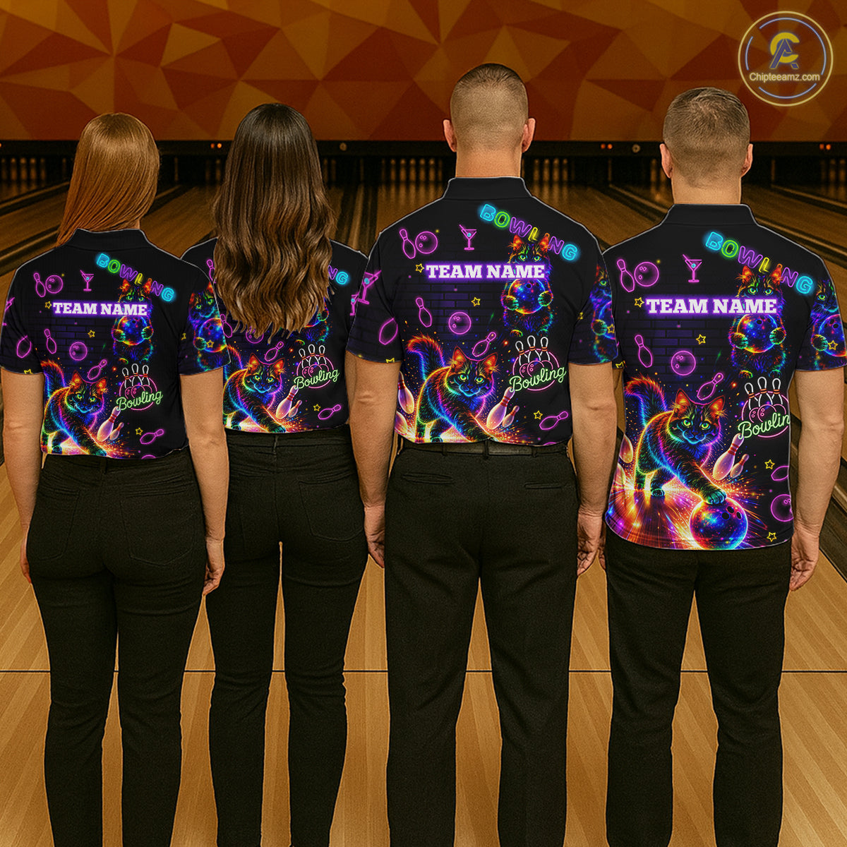 Custom Funny Cat Neon Bowling Jerseys for Men Bowling Outfit Polo & 1/4 Zip Bowling Team Shirts NQS11515