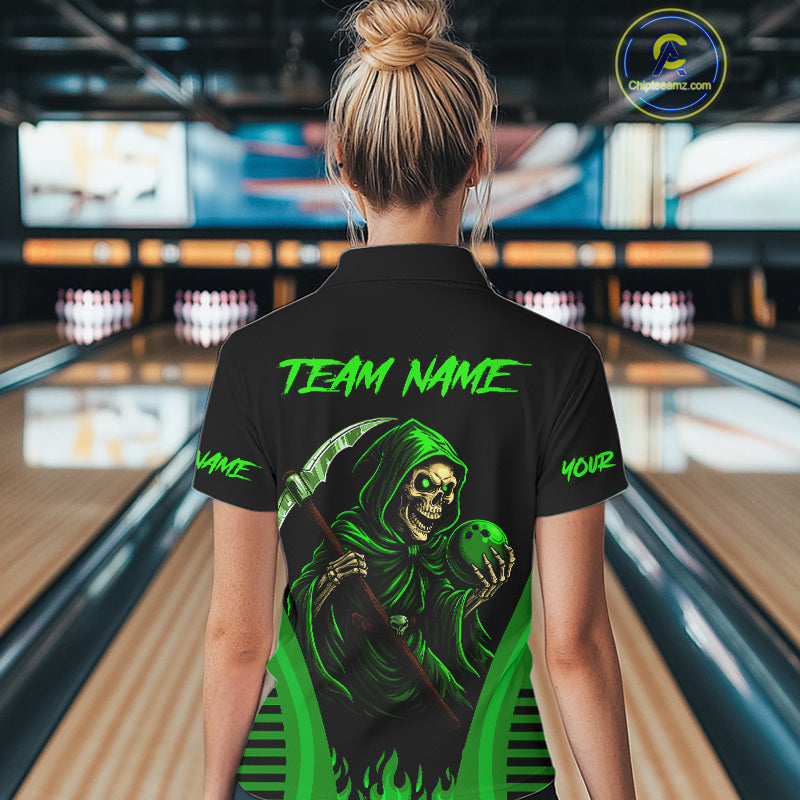 Black and Green Flame Skull Reaper Bowling Polo, 1/4 Zip shirt for Women Custom team bowling jersey NQS10712