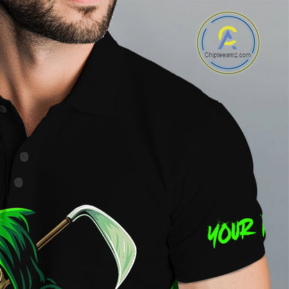 Black and Green Flame Skull Reaper Mens Golf Polo Shirt Custom team golf outfits for mens golfer gift NQS10713