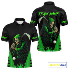 Load image into Gallery viewer, Black and Green Flame Skull Reaper Mens Golf Polo Shirt Custom team golf outfits for mens golfer gift NQS10713