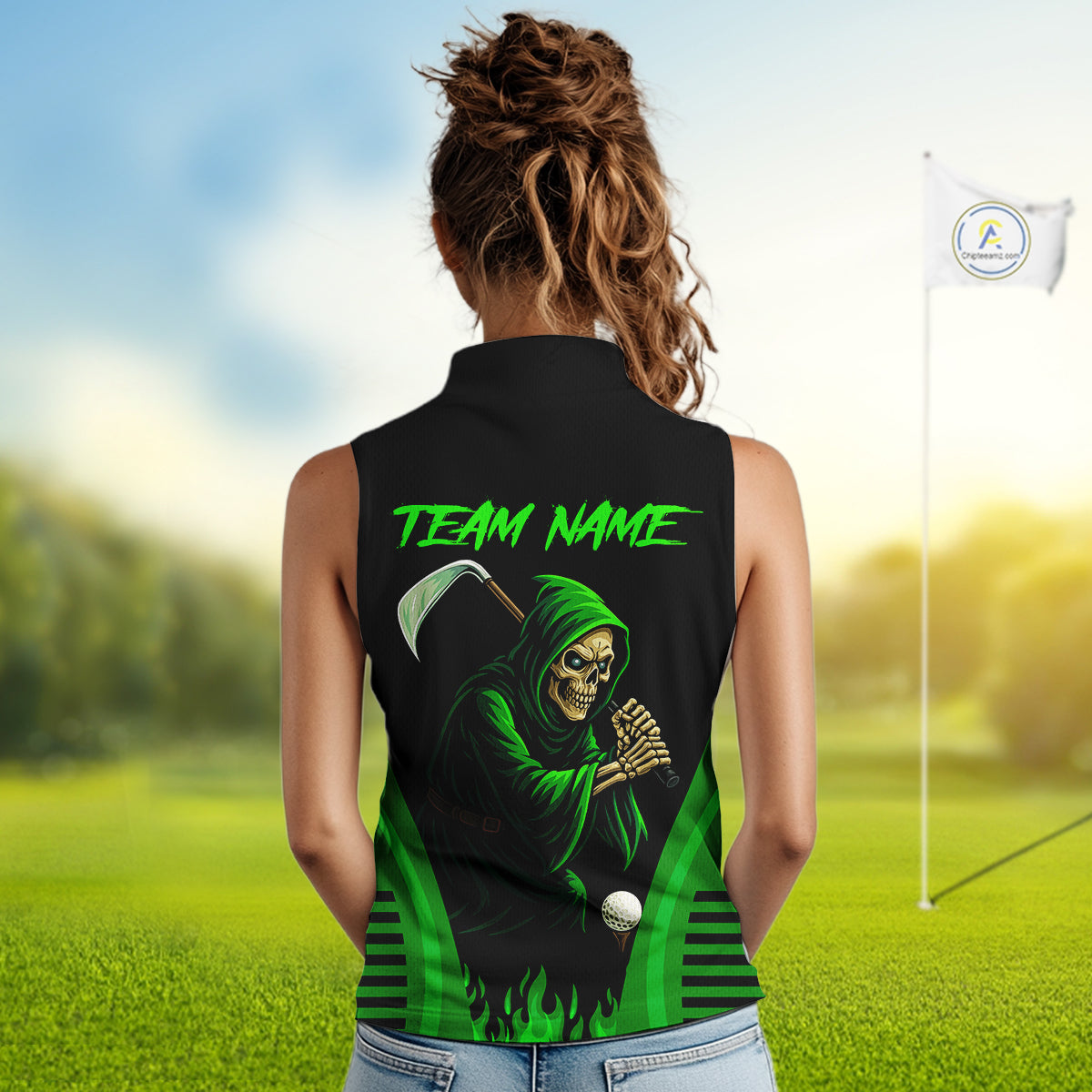 Black and Green Flame Skull Reaper Women Sleeveless Polo Shirt Custom team golf outfits for ladies NQS10713