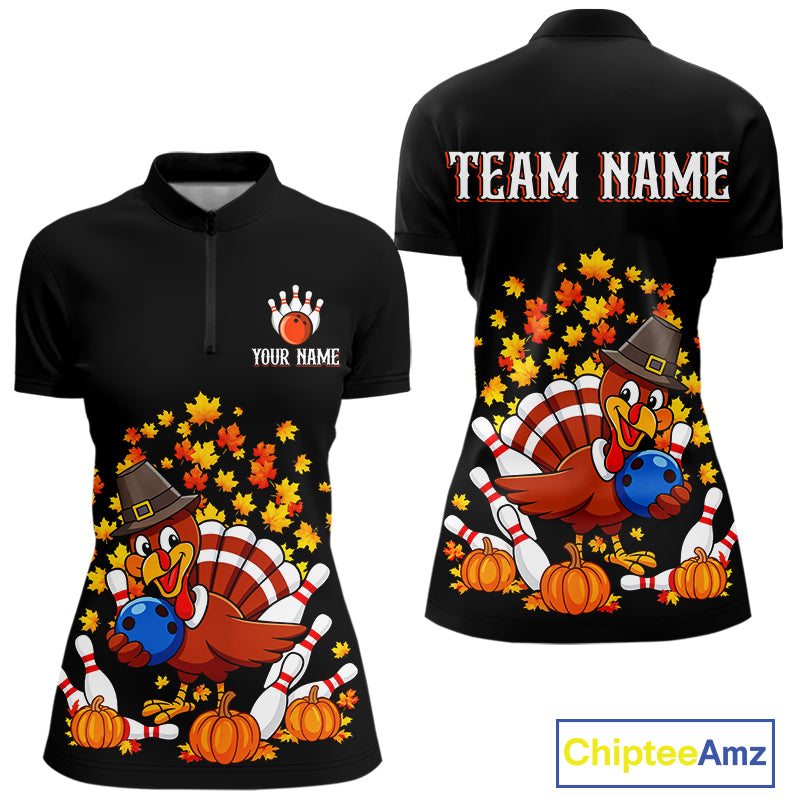 Funny Turkey Bowling Shirts For Women, Autumn Leaf Thanksgiving Bowling Tournament Shirts NQS10716