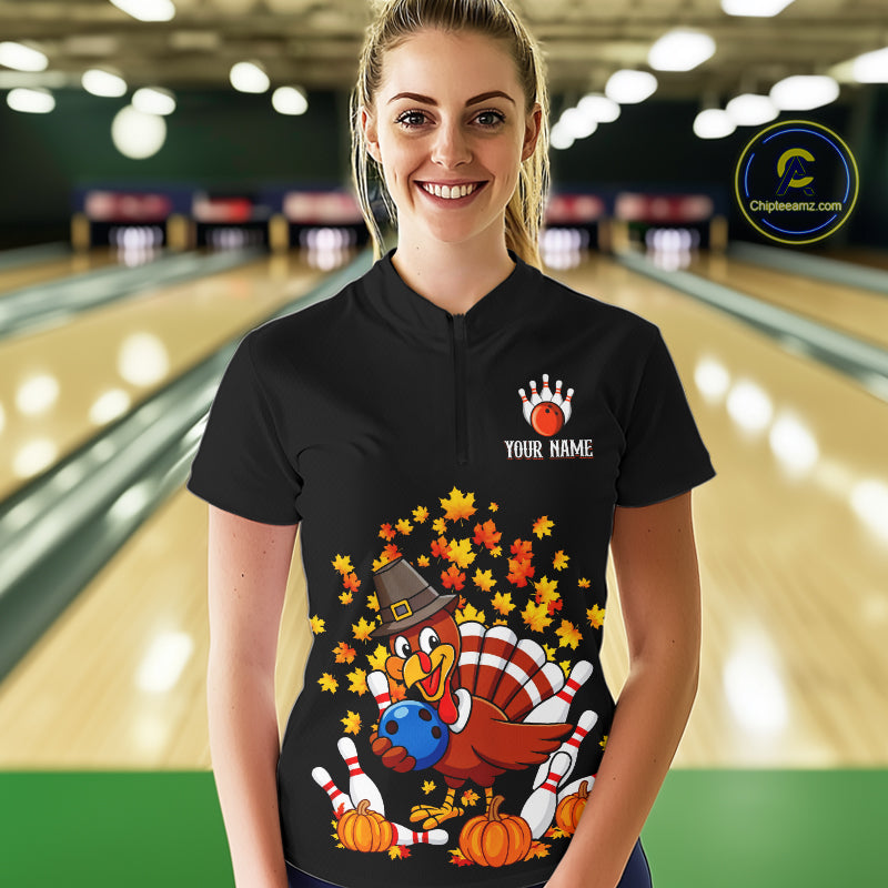 Funny Turkey Bowling Shirts For Women, Autumn Leaf Thanksgiving Bowling Tournament Shirts NQS10716