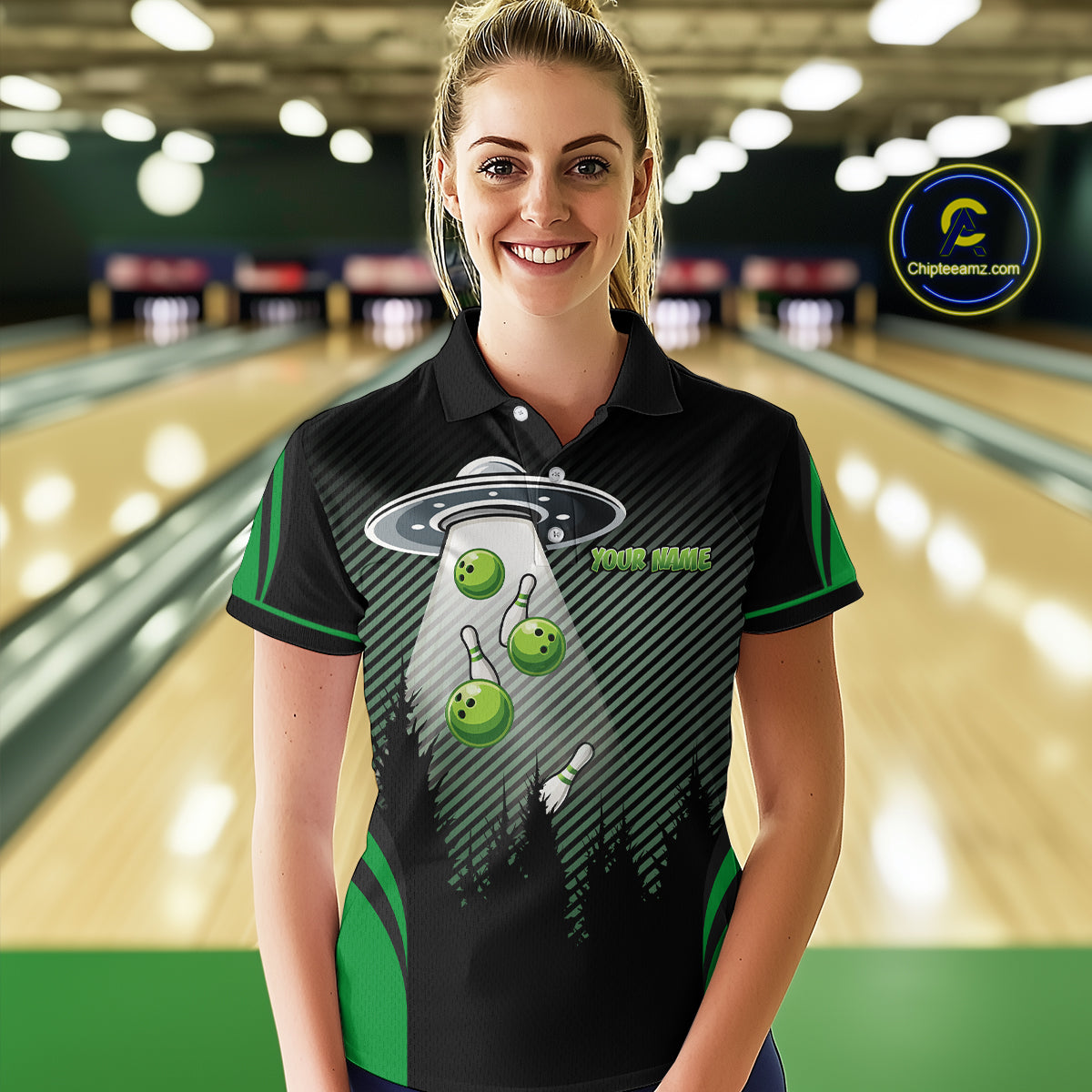 Black and Green ufo alien Bowling Women Bowling Polo, quarter zip Shirts Custom Bowling Team Jersey NQS10726