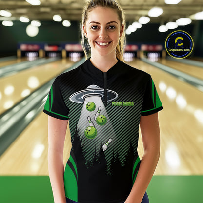Black and Green ufo alien Bowling Women Bowling Polo, quarter zip Shirts Custom Bowling Team Jersey NQS10726