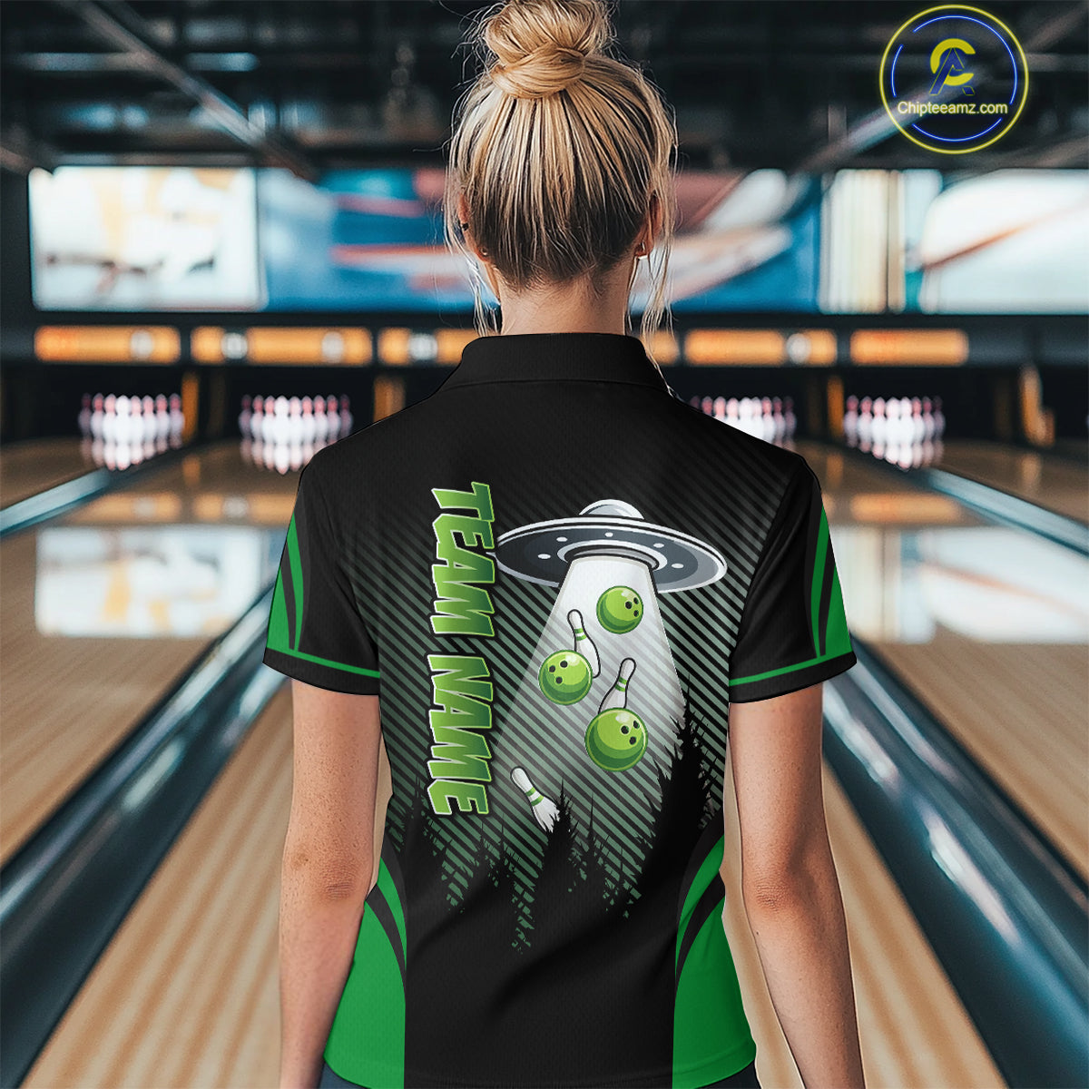 Black and Green ufo alien Bowling Women Bowling Polo, quarter zip Shirts Custom Bowling Team Jersey NQS10726