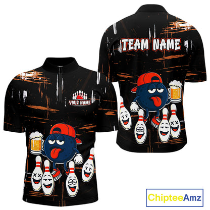 Custom Black And Orange Funny Beer Bowling Men Polo, Quarter Zip Shirts, funny bowling shirts NQS10959