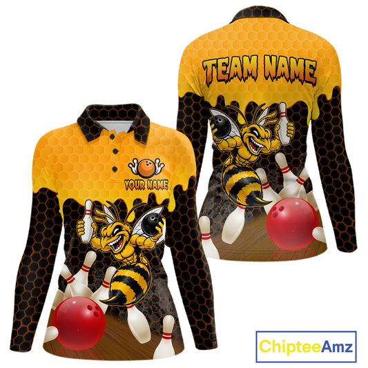 Custom Black and Yellow Honey Pattern Angry Bee Bowling Team Shirts For Women, Bowling League Shirts NQS11705