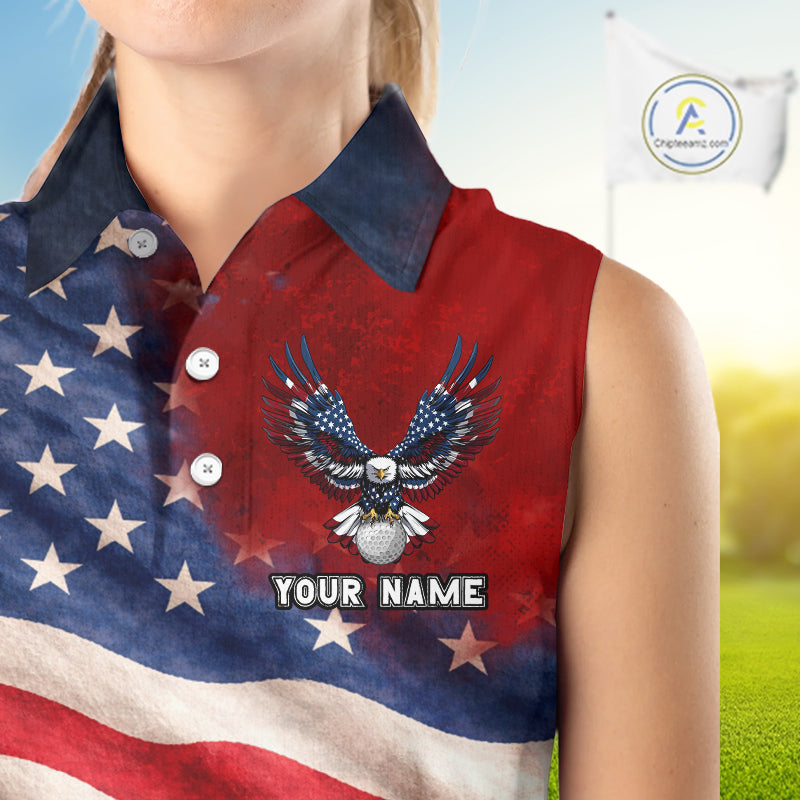 Custom American Flag Eagle Sleeveless Golf Polo Shirts For Women, patriotic Golf attire for ladies NQS11712