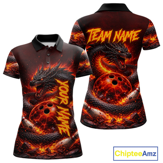 Custom Red Dragon Bowling Polo Shirts, Bowling 1/4 zip jersey For Women, Team Bowling League jerseys NQS11588