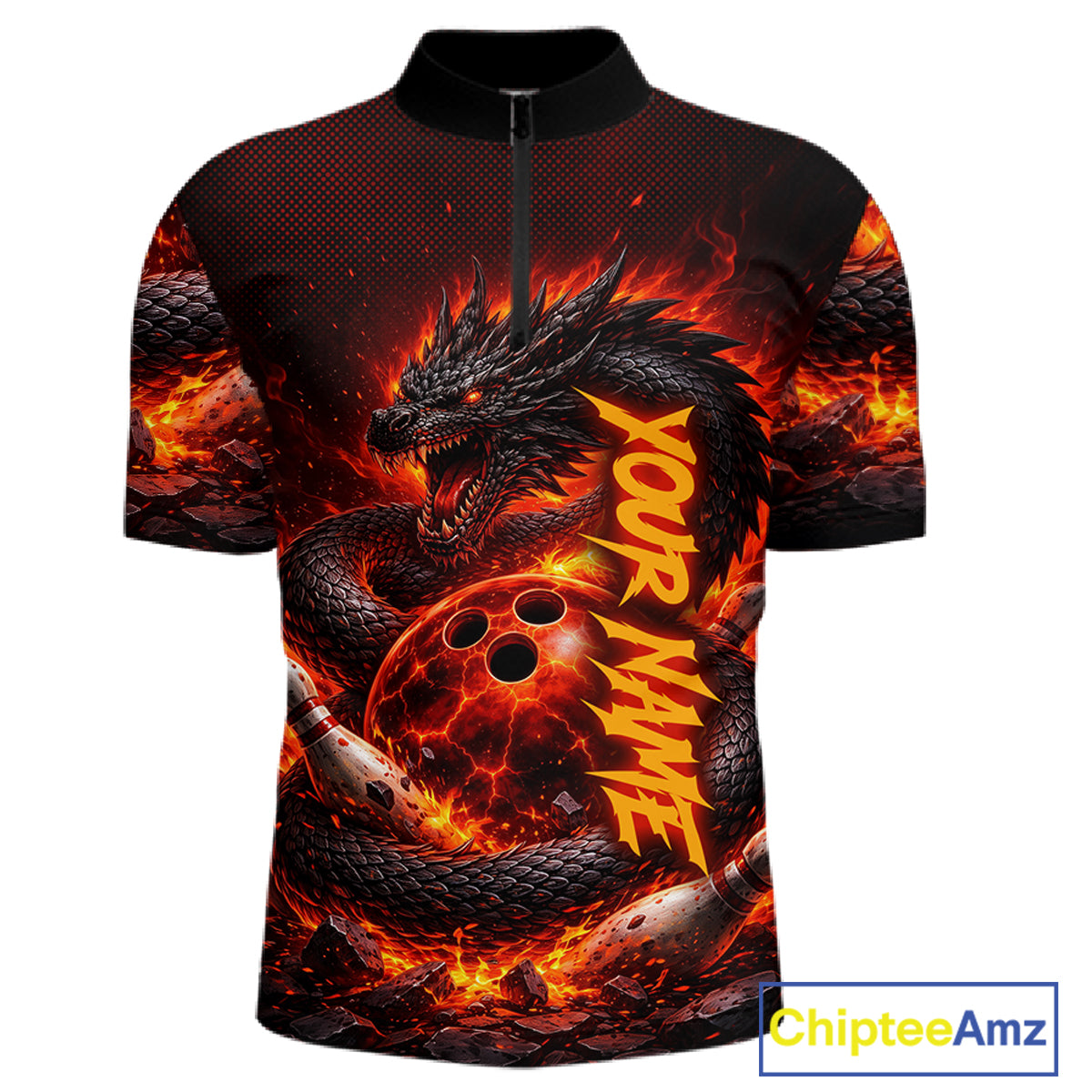 Custom Red Dragon Bowling Polo Shirts, Bowling 1/4 zip jersey For Men, Team Bowling League jerseys NQS11588