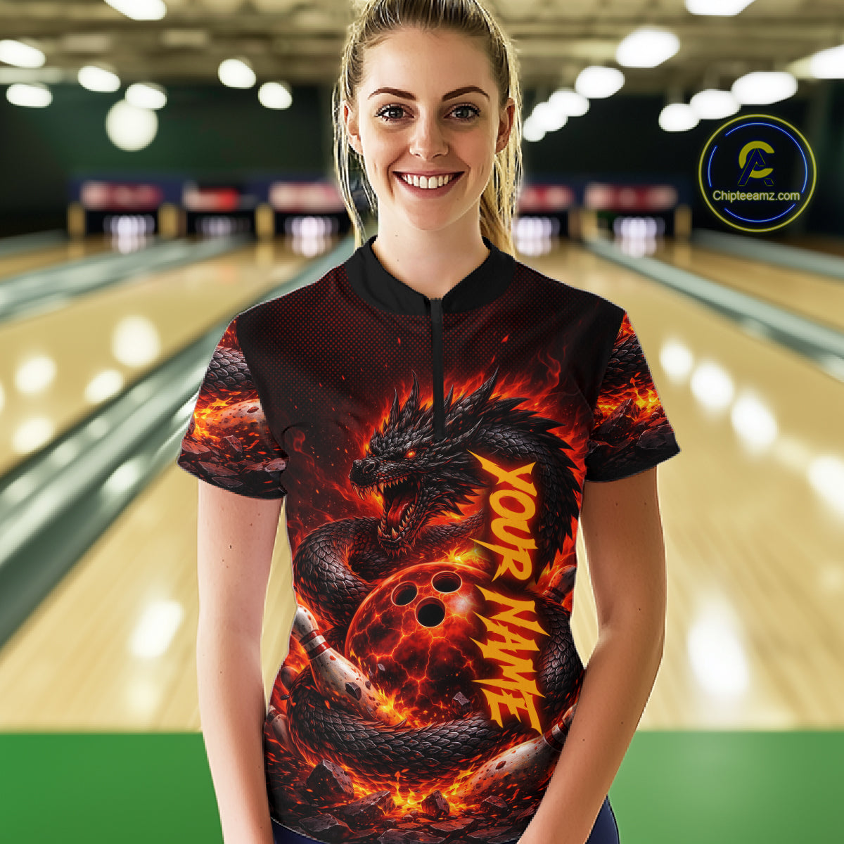 Custom Red Dragon Bowling Polo Shirts, Bowling 1/4 zip jersey For Women, Team Bowling League jerseys NQS11588